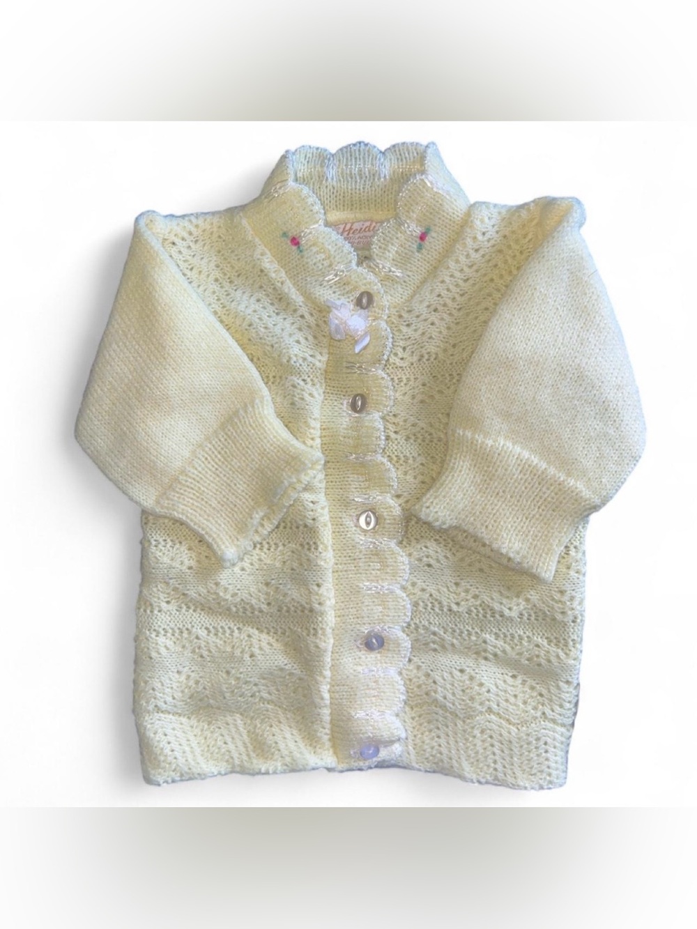 Vintage 60s 70s Heidi Yellow Knit Baby Cardigan Bonnet 3pc Set Turbo Hi-Bulk 0-3